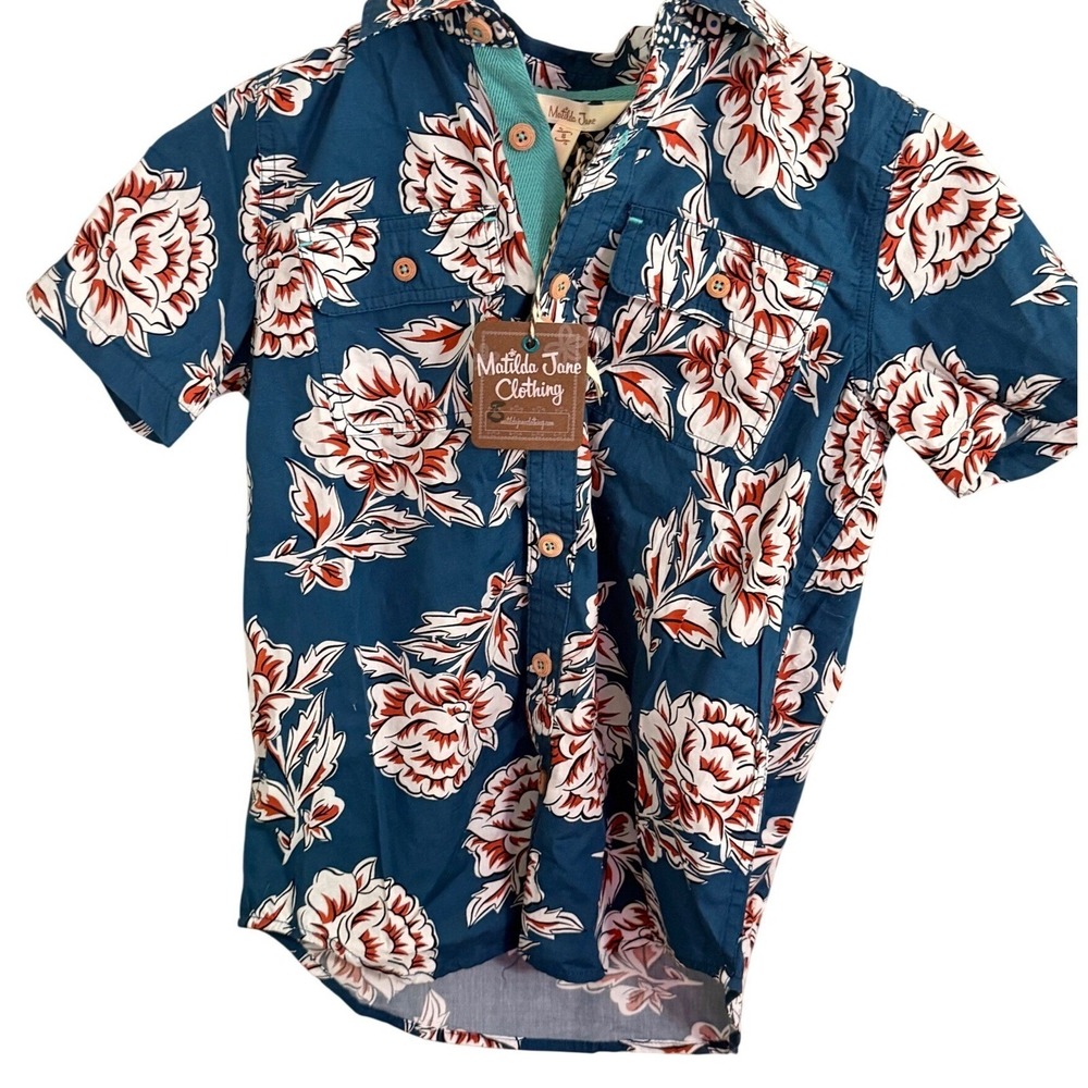 Matilda Jane Clothing Boys Short Sleeve Button Up Shirt Floral Print Teal Orange
